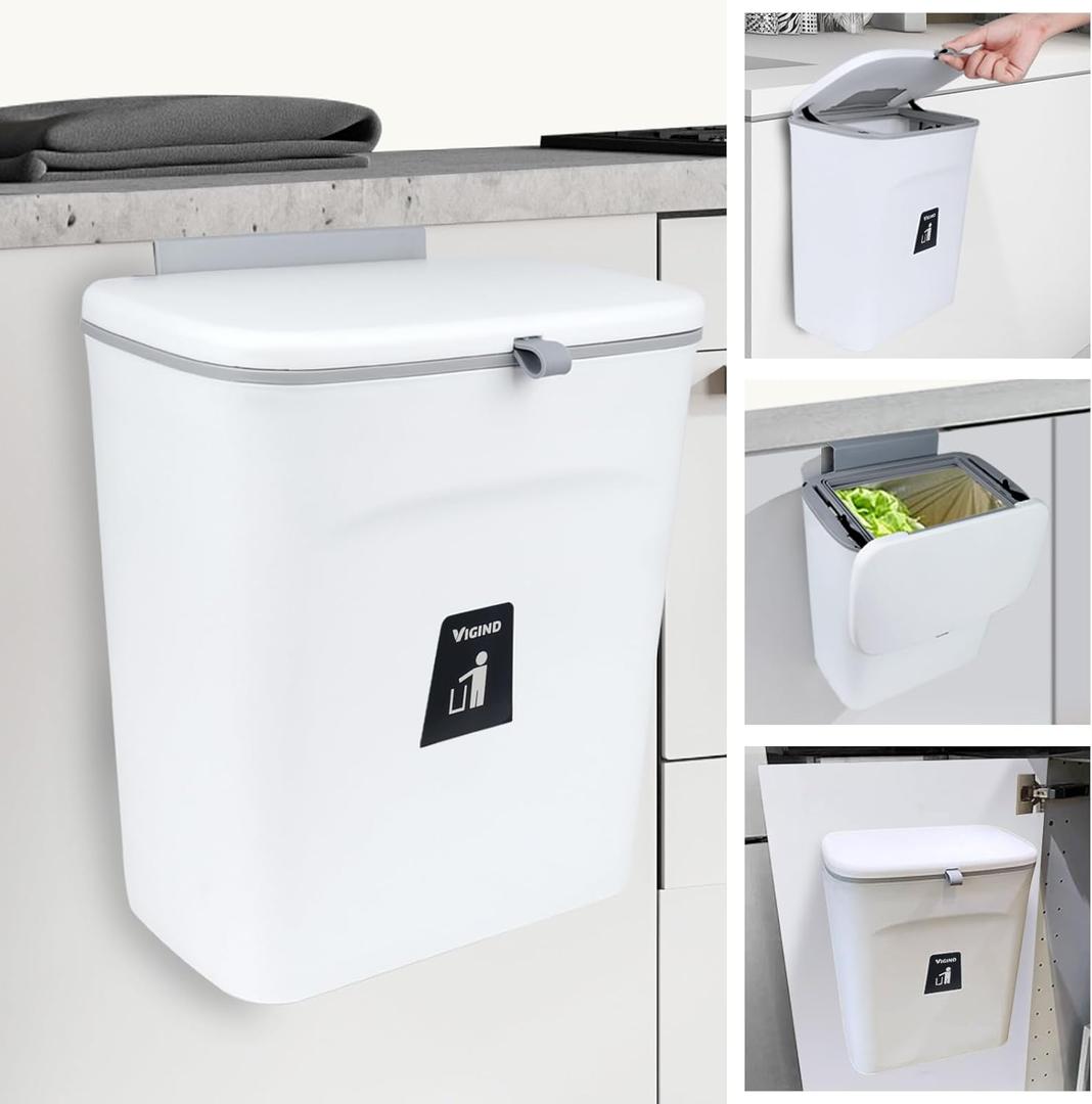 9L/2.4 Gallon Hanging Trash Can for Kitchen Cabinet Door with Lid, Small Under Sink Garbage Can,Trash Bin for Bathroom,Wall Mounted Counter Waste Kitchen Compost Bin,Plastic (White)