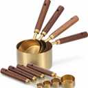 Kenaoeoe Gold Measuring Cups and Spoons Set 8 Piece Premium Stainless Steel Measuring Cups with Wood Handles Stackable Kitchen Measuring Set for Baking and Cooking