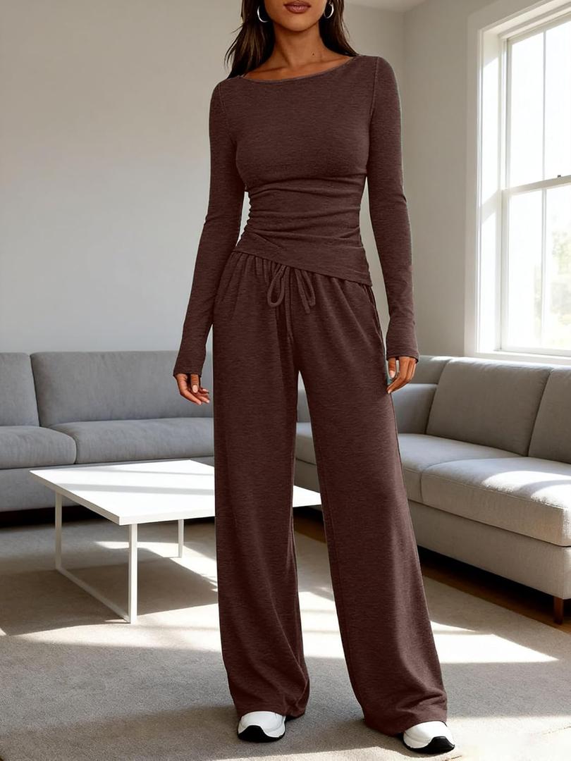 Women's 2 Piece Sweatshirt Sets Long Sleeve Scoop Neck Crop Top Wide Leg Tracksuits Casual Lounge Set S
