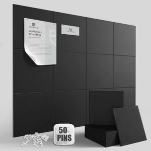 TSJOFFICE Large Cork Board for Wall - Bulletin Board 48" x 36" with 50 Pushpins for Office Decor, Pin Board 12 Pack Felt Wall Tiles with Safe Removable Adhesive Tabs, Corkboard for Home Office - Black