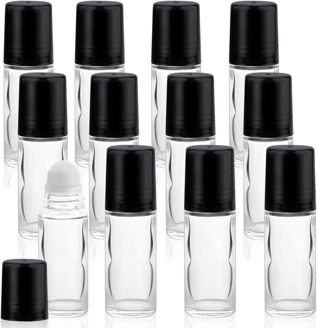 12 Pcs 30ml/1oz Roll On Bottles Empty Essential Oil Roller Bottle Clear Glass Bottle with Plastic Roller Ball & Black Lid for Perfume Cosmetic Oils