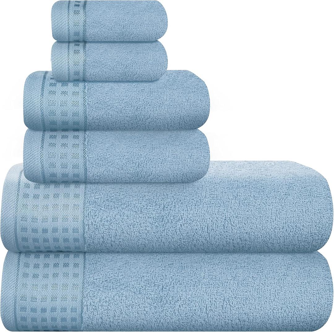 GLAMBURG 100% Cotton Ultra Soft 6 Pack Towel Set, Contains 2 Bath Towels 28x55 Inches, 2 Hand Towels 16x24 Inches & 2 Wash Coths 12x12 Inches, Compact Absorbent Lightweight & Quickdry - Sky Blue (6 Pack Set)