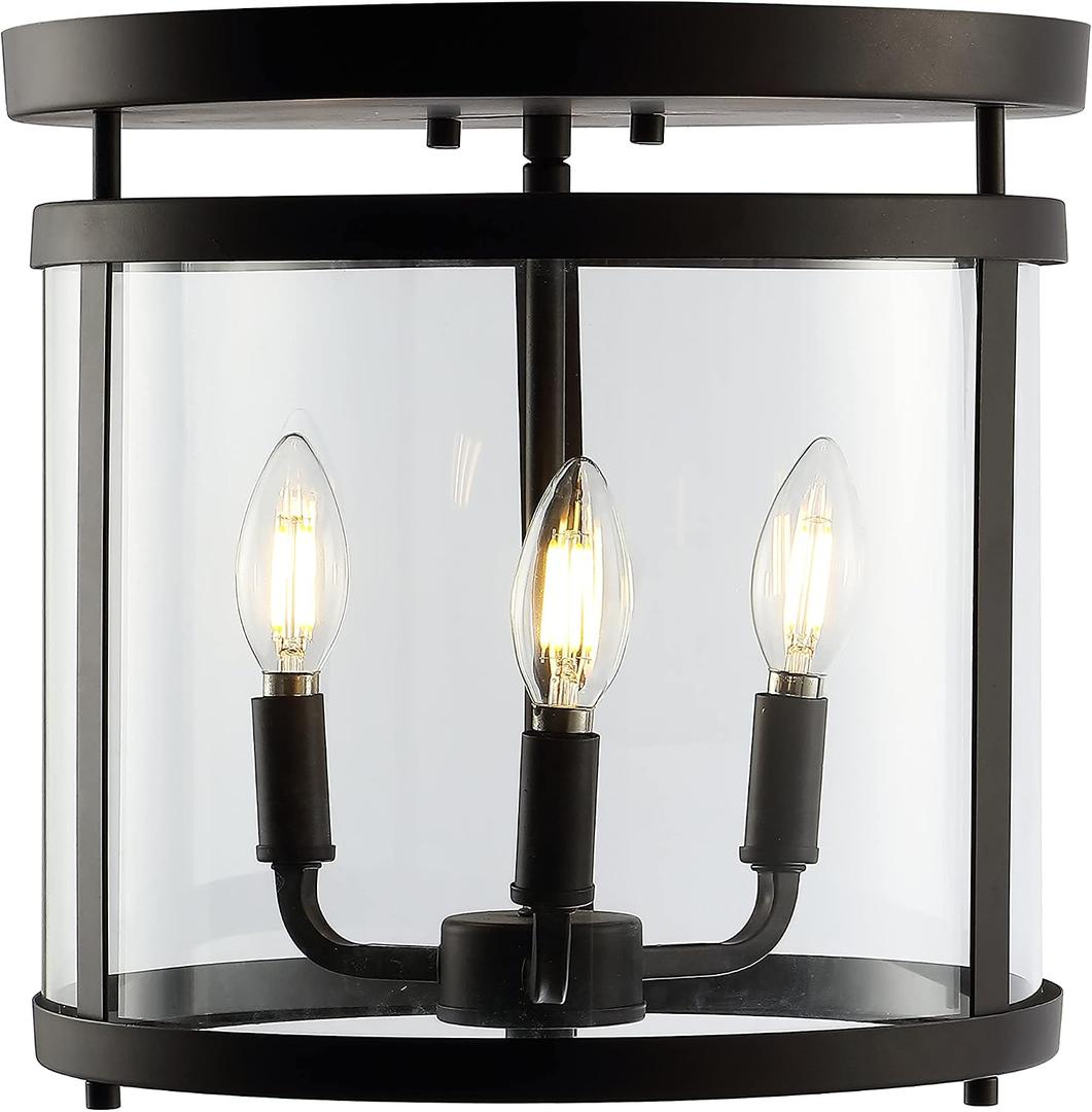 JONATHAN Y 12.5" Oil Rubbed Bronze 3-Light Iron and Glass Flush Mount, Modern Farmhouse Rustic Vintage Lantern for Kitchen Bedroom Entryway, UL Listed, LED Bulbs Included JYL7503A