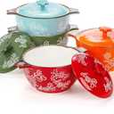 AVLA 4 Pack Ceramic Soup Bowls with Lid and Double Handles, 22 OZ French Onion Soup Crock, Small Casserole Dish for Oven, Mini Cocotte Set Baking Ramekins for Stews, Cereal, Oatmeal or Pasta