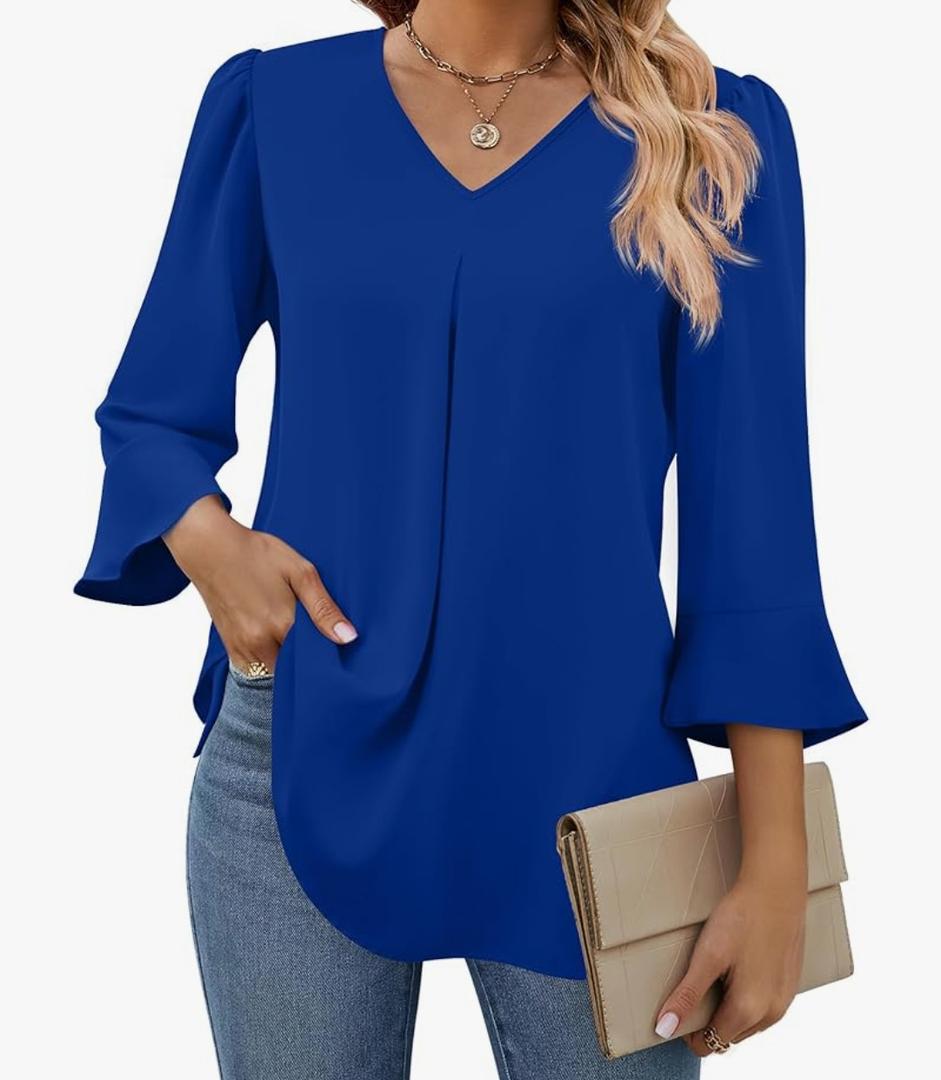 Funlingo Womens 3/4 Length Sleeve Tops Dressy Casual V Neck Business Chiffon Blouses Pleated Trendy Work Shirts Medium