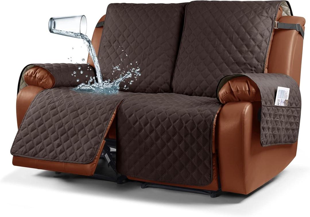 Ruaozz Waterproof Recliner Sofa Cover 1-Piece Couch Covers for Reclining Couches Reclining Sofa Cover Washable Furniture Protector with Elastic Straps Pocket for Kids, Pets (Chocolate, 2 Seater)