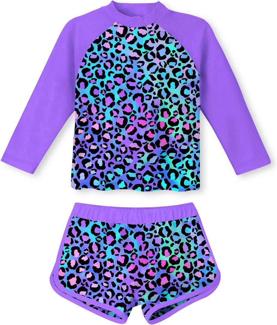 TUONROAD Girls 2 Pieces Rash Guard Swimsuit Long Sleeve Tankini for 4-10 Years (Leopard-purple)