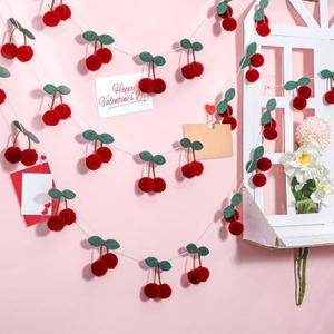 Jexine 3 Pieces Cherry Garland Decor Summer Cherries Party Decoration Pom pom Felt Bunting Banner 6.6 Ft Colorful DIY Fruit Hanging Ornaments for Baby Birthday Wedding(Red)