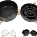 Ceramic Slow Feeder Dog Bowl Set-1 Cup Puzzle Dog Food Bowl & 850ML Water bowl with wooden stand for small dogs, Anti-Gulping,Anti-chewing,Anti-Slip,Black