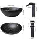 17"14" Marbling Vessel Sink with Faucet and Drain Combo Black and Gold Ceramic Bathroom Vessel Sink, Oval Above Counter Bathroom Sinks