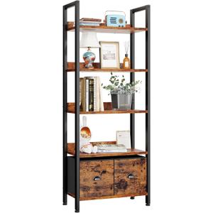 Furologee 5-Tier Bookshelf, Tall Bookcase with 2 Storage Drawers, Industrial Display Standing Shelf Units, Wood and Metal Storage Shelf for Living Room, Bedroom, Home Office, Rustic Brown