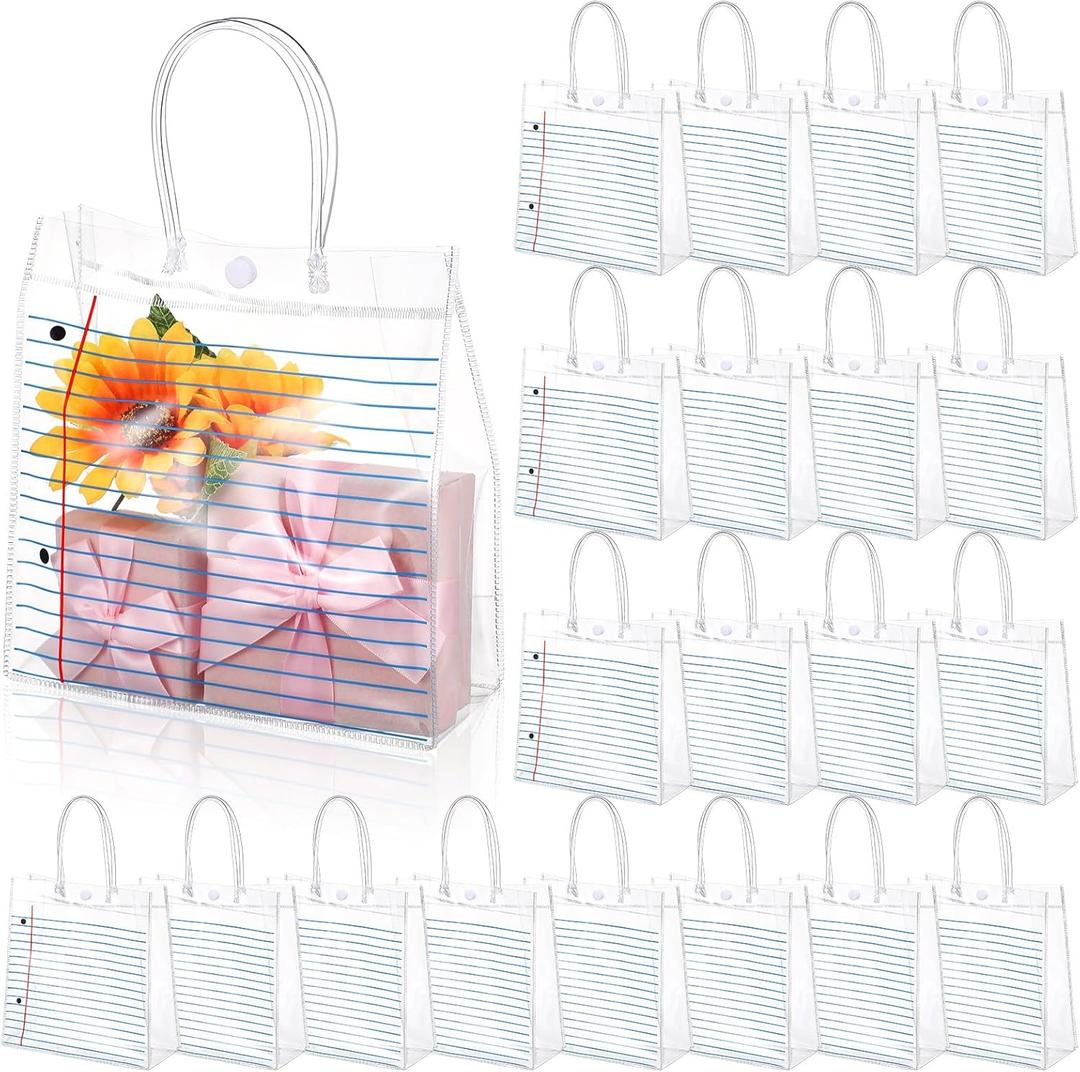 Sweetude 20 Pcs Back to School Party Favor Gift Bags Bulk with Handles First Day of School Teacher Gifts 8x8x3.15'' PVC Notebook Line Clear Treat Bags for Kindergarten Preschool Graduation End of Year