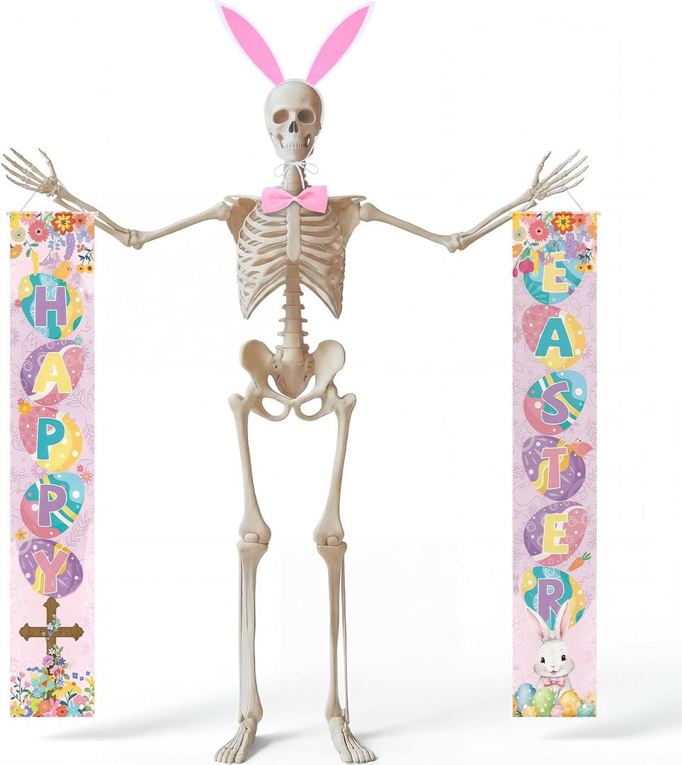 12 ft Skeleton Easter Costume Accessories Include Happy Easter Banner Bunny Ears Headband Pink Bow Giant Sized Skeleton Outfit Set for Holiday Garden Patio Lawn Decor