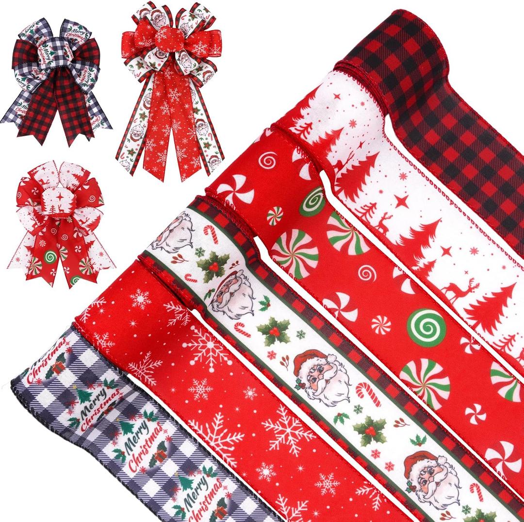 6PCS Christmas Ribbon,Xmas Red and Black Plaid Ribbon,Fabric Craft Strip Band Hand Craft Bow Tie Wreath Floral Gift Box Wrapping,Christmas Party Favors Decoration Gifts,30 Yards