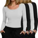 4 Pack Womens Underscrub Shirts, Ribbed Cotton Scrub Tops Long Sleeve Scoop Neck Tees Slim Fit Basic Layer Shirts (Medium, White, Black, White, Black)
