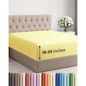 Extra Deep Queen Fitted Sheet - Hotel Luxury Single Fitted Sheet Only - Easily Fits 18 inch to 24 inch Mattress - Ultra Soft, Wrinkle Free w/Extra Deep Pocket - Easy-Care, Breathable & Comfy - Yellow