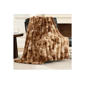 Cozy Bliss Deluxe Striped Rabbit Faux Fur Throw Blanket, Soft Fluffy Warm Plush Blanket for Winter, Modern Homr Decor, Tie-dye Brown 50"x60"