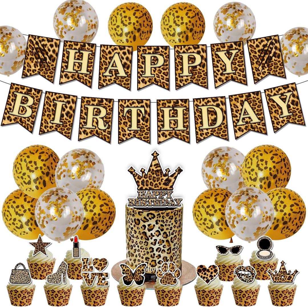 2 x Cheetah Print Birthday Decorations for Girls 26 PCS Leopard Party Decorations with Happy Birthday Banner, Balloons, Cupcake Toppers, Cake Topper Party Supplies for Safari Jungle Theme