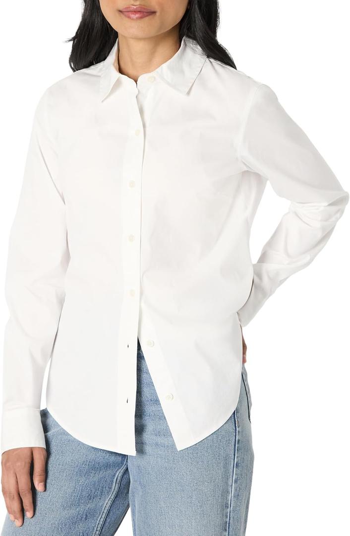 Amazon Essentials Women's Regular-Fit Stretch Poplin Button-Up Dress Shirt (M, White)