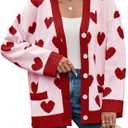 Saodimallsu Womens Oversized Heart Cardigan Color Block V Neck Button Long Sleeve Chunky Valentines Sweaters (Pink)