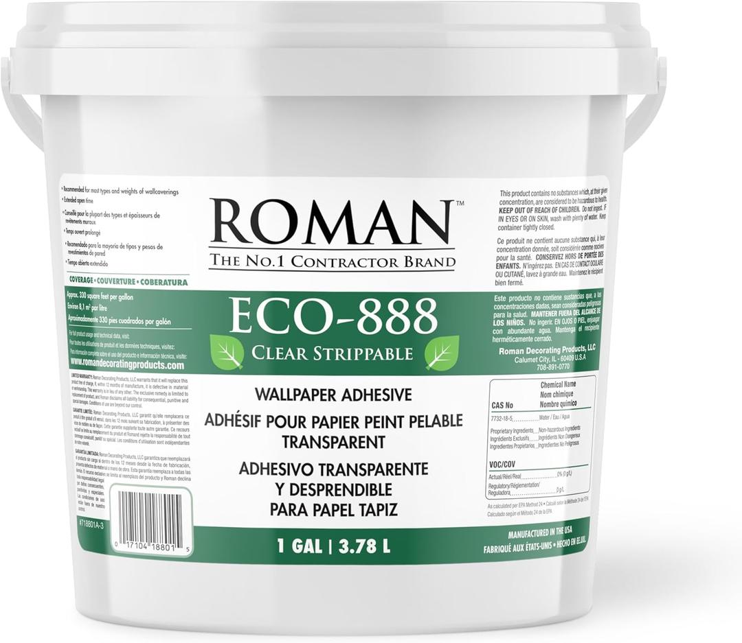 ROMANs ECO-888 Clear, Strippable, Wallpaper Adhesive, Easy Installation Glue/Paste, Clear, Zero VOC, Home Improvement (1 Gallon - 330 sq. ft.)