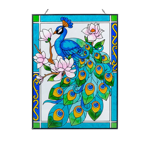 Peacock Stained Glass Window Hanging, 11" W X 15" H Stained Glass Panel with Chain, Suncatchers for Windows Hanging Decorations, Gifts for Mom, Grandma, Wife, Sister