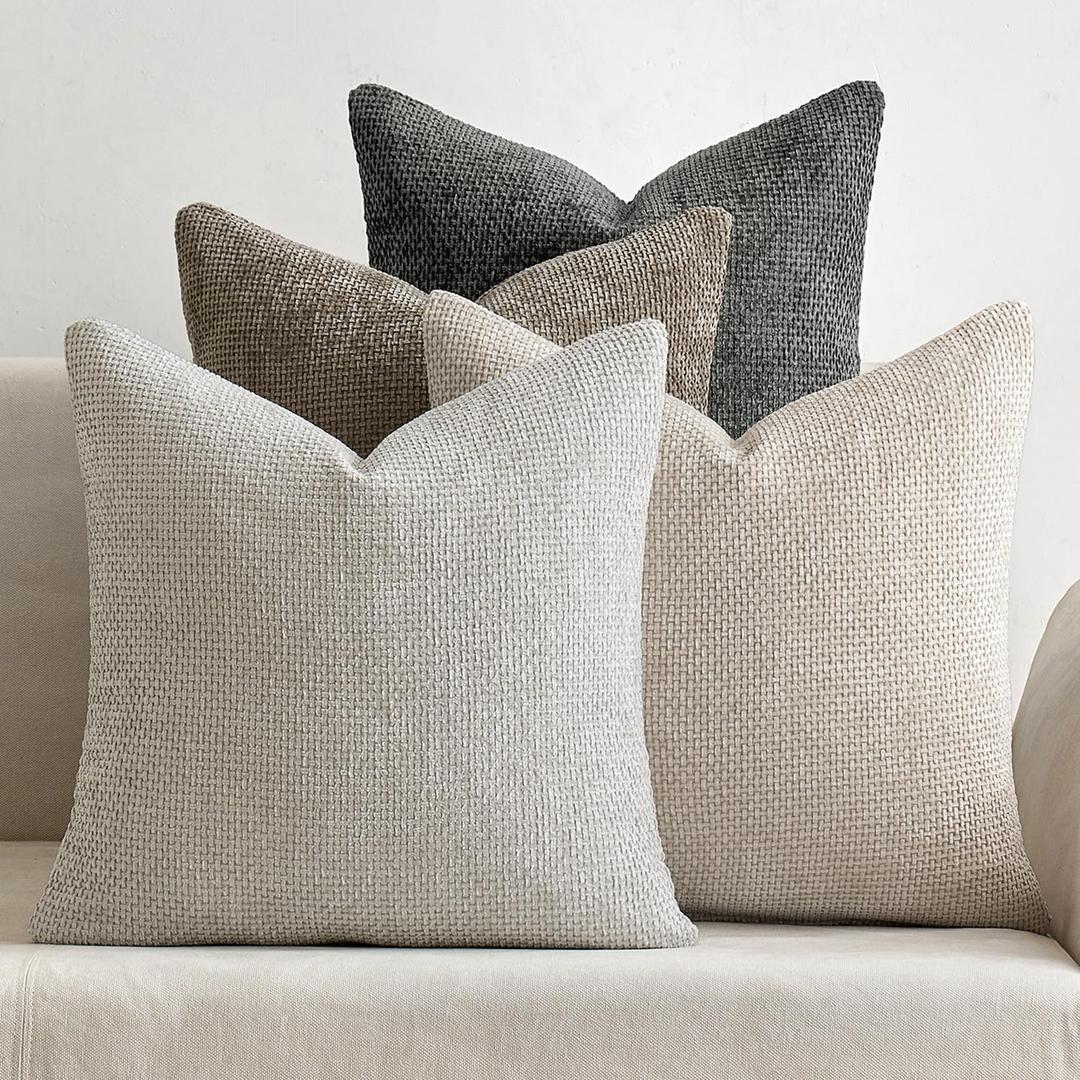 MIULEE Pack of 4 Couch Throw Pillow Covers 18x18 Inch Neutral Soft Decorative Chenille Pillow Covers Farmhouse Boho Cushion Covers for Mid Century Modern Spring Home Decor Sofa Bedroom Living Room,18" x 18" (Pack of 4), Neutral