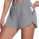 Womens High Waisted Running Shorts Quick Dry Stretch Workout Dolphin Shorts with Zip Pocket for Gym Athletic Tennis (Medium, Light Grey)