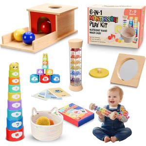 Montessori Baby Toys 79 Months, Developmental Tools for 7+ Month Babies, Baby Sensory Toys - A Sliding Box, Mirror Puzzle, Stacking Cups, Treasure Basket, Rain Stick, Animal Flashcards