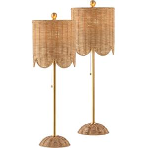 JONATHAN Y 27.5" Brass Gold Coastal Buffet Table Lamp Set of 2 for Bedroom, Boho Table Lamps with Natural Rattan Scalloped Shade, Pull Chain, LED Bulbs Included JYL1138A-SET2