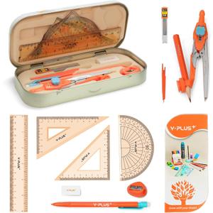 YPLUS Geometry Set for Students, Math Protractor Compass with Rulers Mechanical Pencil, Box of Protactors Kit for Class Supplies and School Kids Toddler - 12 Pcs, Back to School Supplies for Kids