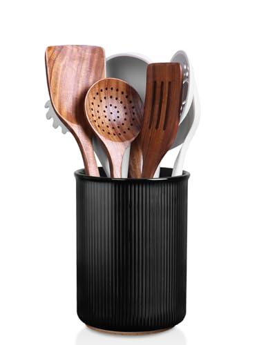 LoeJan Utensil Holder, Extra Large Utensil Crock, Stable Ceramic Utensil Organizer, Cooking Tool Organizer Set for Kitchen Counter Farmhouse Decor (F-6.7" Black)