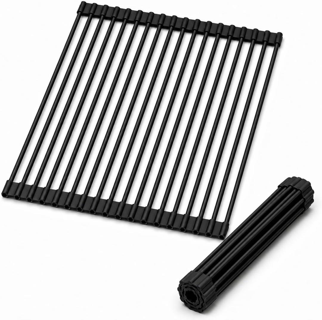 Roll Up Dish Drying Rack for Kitchen Sink, Silicone Wrapped Dish Drainer,Flodable Over Sink Drying Rack,Heat Resistant, Drain Mats, Space Saving, Multipurpose (Matte Black, Large), 20.5" x 13"
