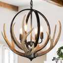 Antler Chandelier 4 Lights, 20" Rustic Farmhouse Chandelier with Resin 4 Antlers and Retro Metal Globe Chandeliers Vintage Style for Dining Room, Kitchen, Entryway, Living Room