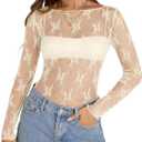 KTILG Womens Y2k Sexy Sheer Lace Long Sleeve Layering Top Embroidered Seamless Mesh Shirt Going Out Tops Creamy XL