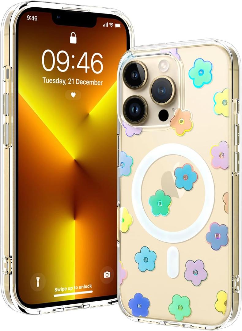 OOK Magnetic for iPhone 13 Pro Max Case [Compatible with Magsafe] Glitter Flowers Floral Design Plating Bling Clear Case Hard Back for iPhone 13 Pro Max Phone Case, Glitter Flower (6.7")