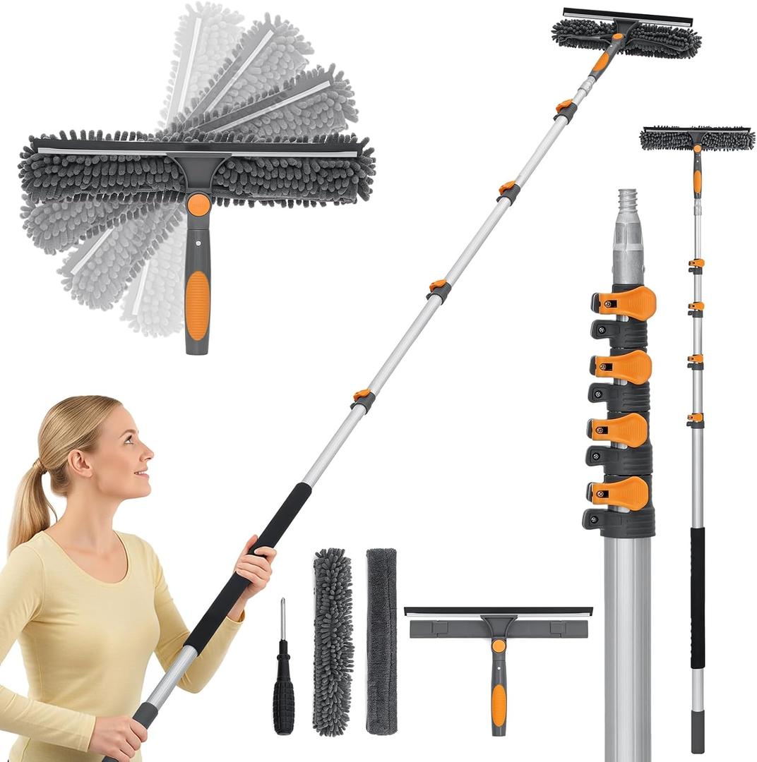 19Ft Window Squeegee with Extension Poles, 2-in-1 Window Cleaning Kit with Telescopic Pole, Extra-Large 14" Window Squeegee, Window Cleaner Tool with Adjustable Head, for High Window, Glass, RV