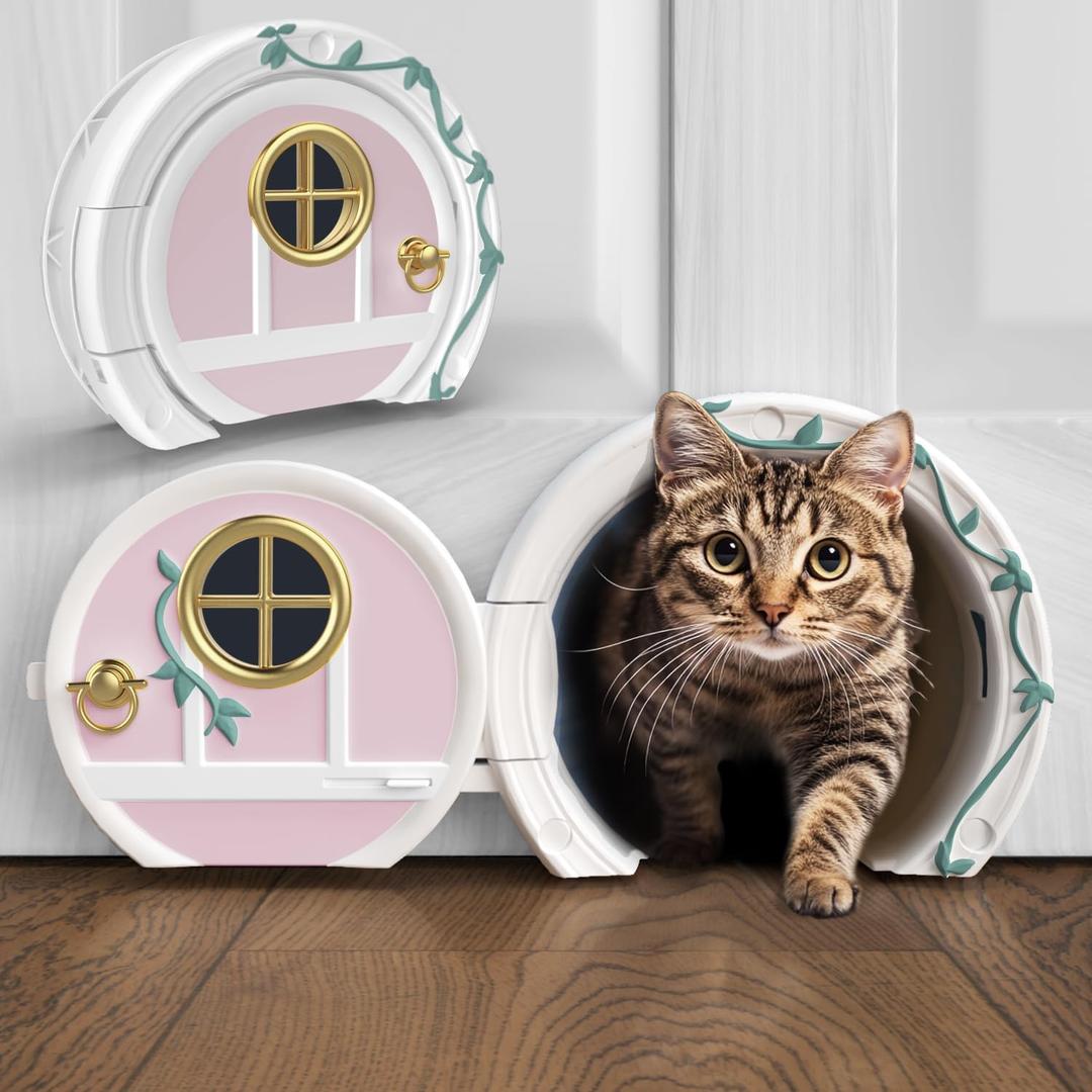 Gnome Door Cat Door for Interior Doors - Stylish & Functional with No Flap, Lockable, and Easy Installation, Spacious Large Kitty Door for Cats Up to 20 lbs, Private and Comfortable Pet Door (Pink and Gold)