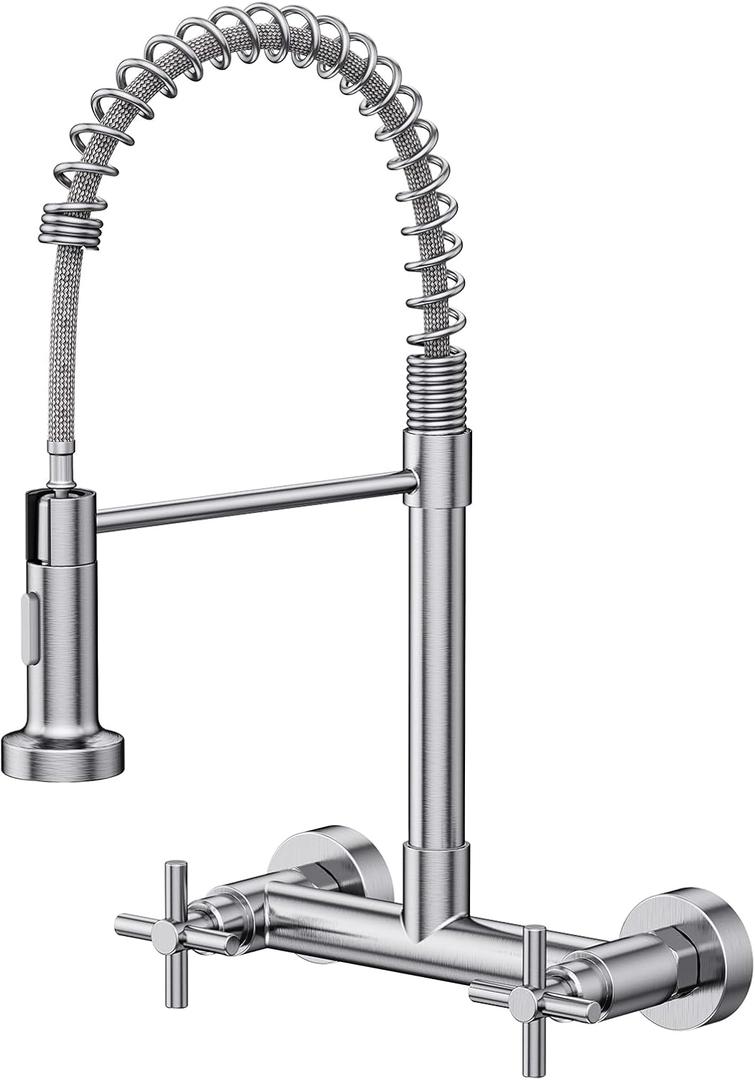 Wall Mount Kitchen Faucet, Hurran Brushed Nickel Kitchen Sink Faucet, 8 Inch 2 Handle Wall Mount Commercial Sink Faucet with Pull Down Sprayer for Kitchen Laundry Room Restaurant