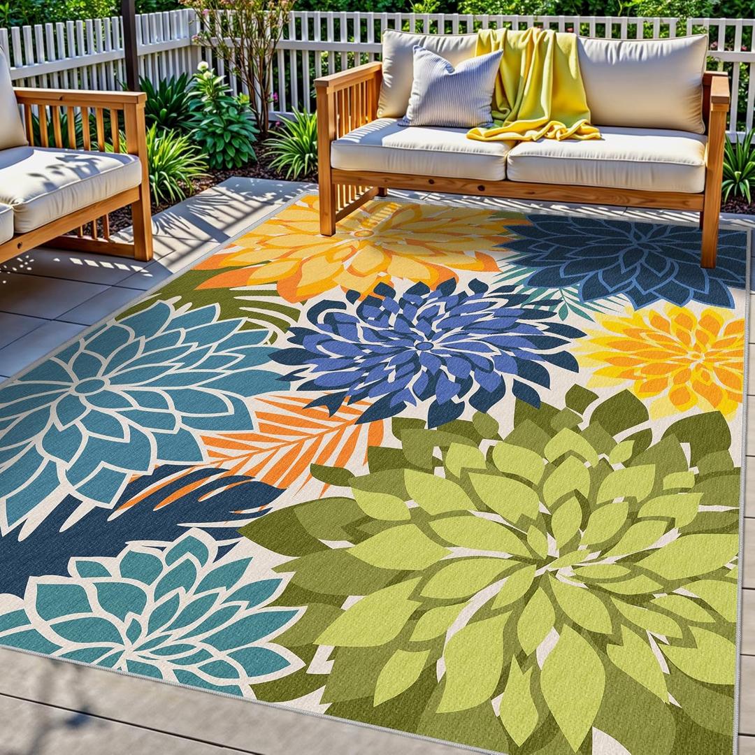 Colorful 8x10 Outdoor Area Rug Washable Multicolored Patio Rug Tropical Botanical Floral Chenille Waterproof Outdoor Carpet Non-Slip for Deck, Backyard, Porch, Green