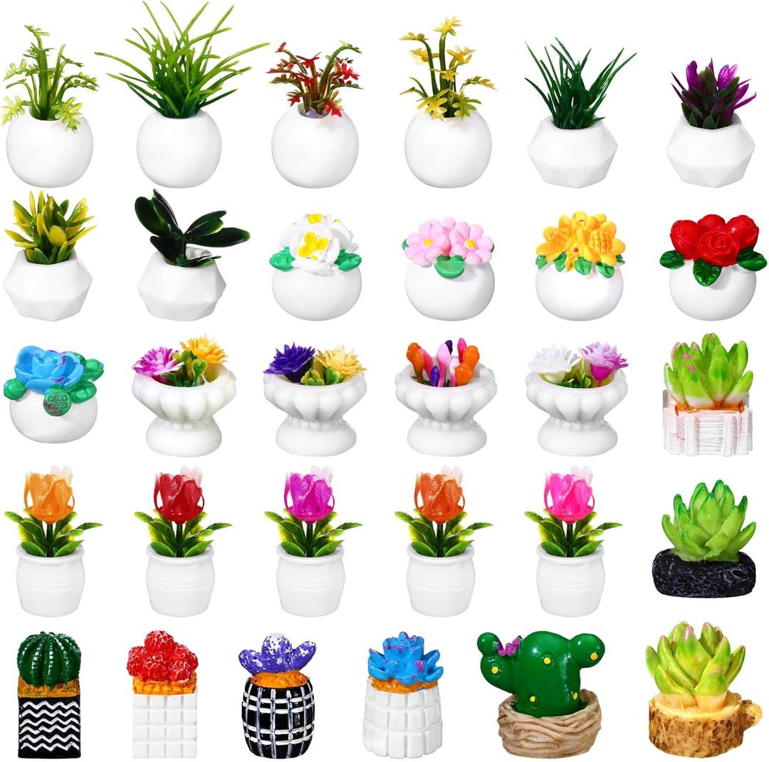 30 Pcs Miniature Potted Plants Dollhouse Accessories Mini Artificial Plant Flowers Tiny Greenery Cactus Figurines for Dollhouse Decoration Gift DIY Garden Bonsai Micro Landscape Decors
