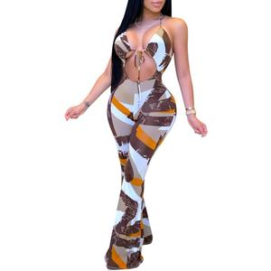 Remelon Womens Spaghetti Strap Halter Tie Dye Print Cut Out Bodycon Bell Flare Pants Club Party One Piece Jumpsuits Rompers (Large, 1-brown)