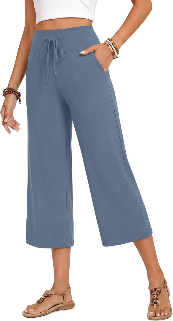 ZOOSIXX Capri Pants for Women - Wide Leg Loose Casual Trousers with Pockets Summer High Waisted Drawstring Pants, Size: M, 22 inches