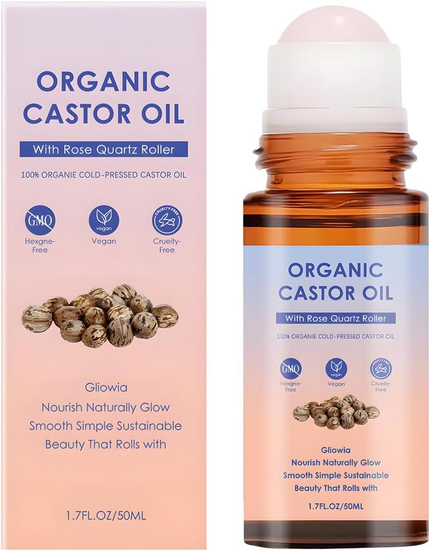Organic Castor Oil Roll On,Castor Oil Rose Quartz Roller Ball,100% Castor Oil Organic Cold Pressed,On for Face, Neck & Under Eye Care, Smooth-Glide Massage Roller(1)