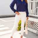 Dokotoo Womens Tops Casual Pleated V Neck Puff Long Sleeve T Shirts Loose Tunic Business Blouse (Blue, S)