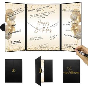 DARUNAXY Black Gold Birthday Party Decorations, Happy Birthday Alternative Signature Guestbook for Men Women Happy 30th 40th 50th 60th 70th 80th Birthday Gifts Signing Card Board Party Supplies