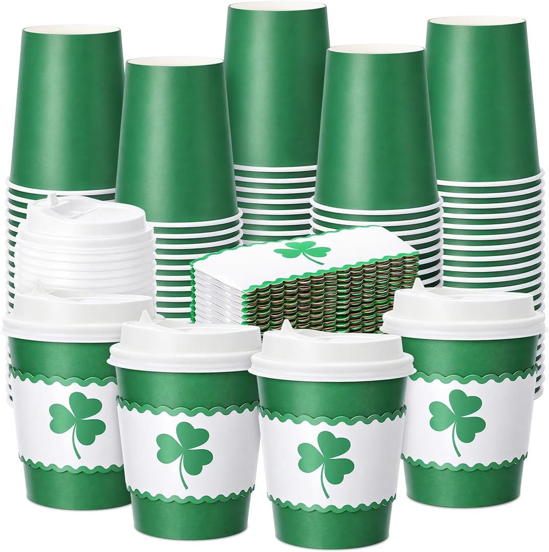 Jingmore 48 Pcs St. Patrick's Day Disposable Coffee Cups with Lids and Sleeves 8 oz Shamrock Disposable Drinking Cups for Irish Holiday Spring Party Supplies