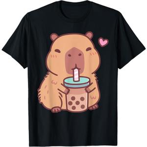 Cute Capybara Kawaii Anime Drinking Bubble Tea Lover Girls T-Shirt (Small, Black)