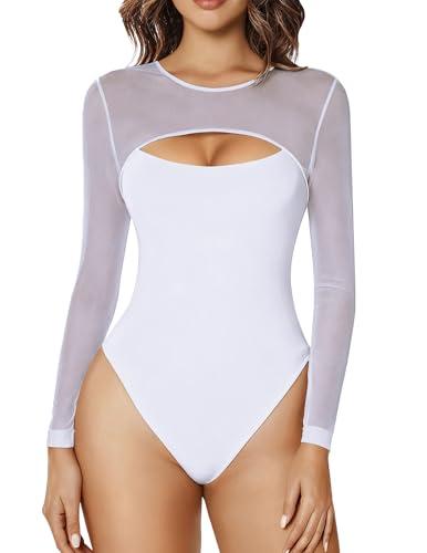 Avidlove Womens Mesh Long Sleeve Bodysuit Crew Neck Sexy Bodysuit Double Lined Thong Basic Top White M