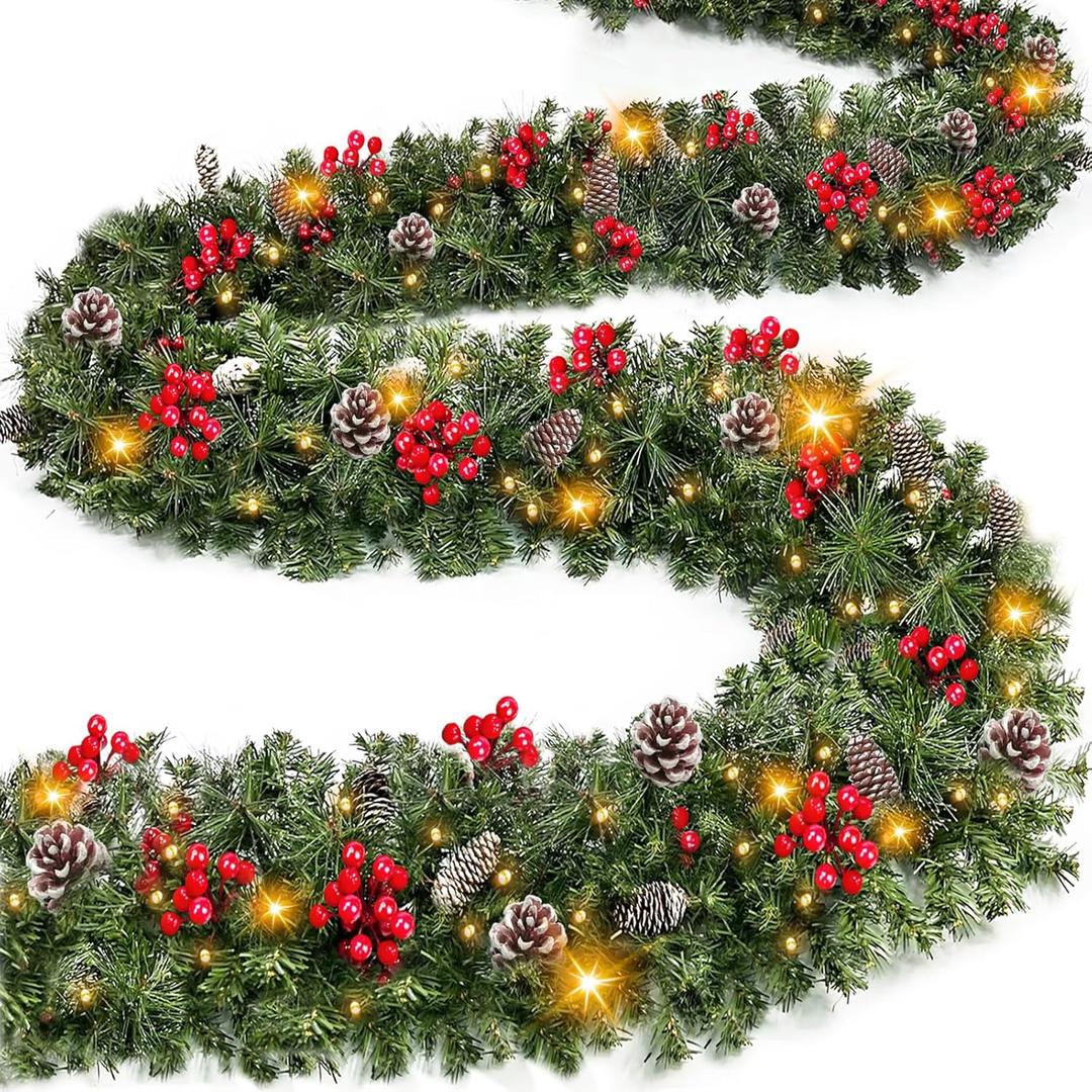 Timer & 8 Modes-9 Ft by 10 Inch Christmas Garland Decorations 50 Warm White Lights Lighted 270 Branch 70 Red Berries 10 Pinecone Mantle Xmas Garland Christmas Decor